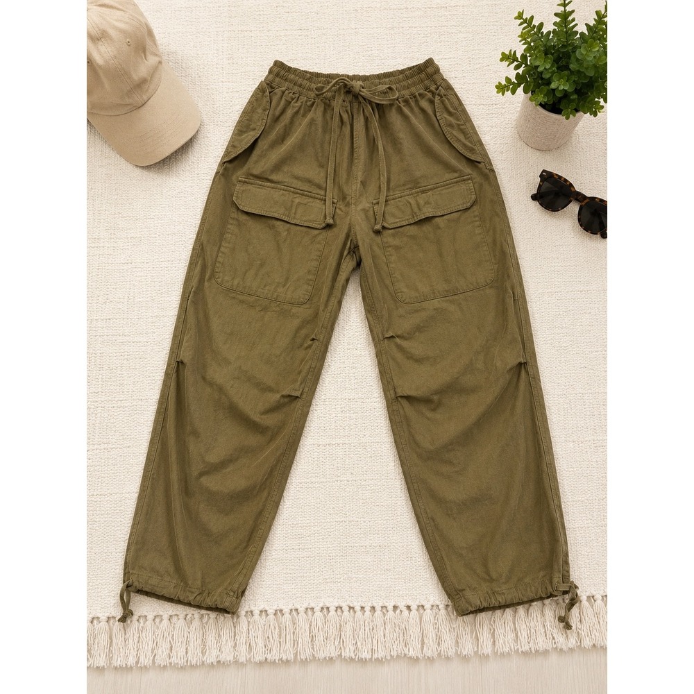 MNML Mens Olive Green Cargo Pants Relaxed Fit Cotton Drawstring Utility Size L